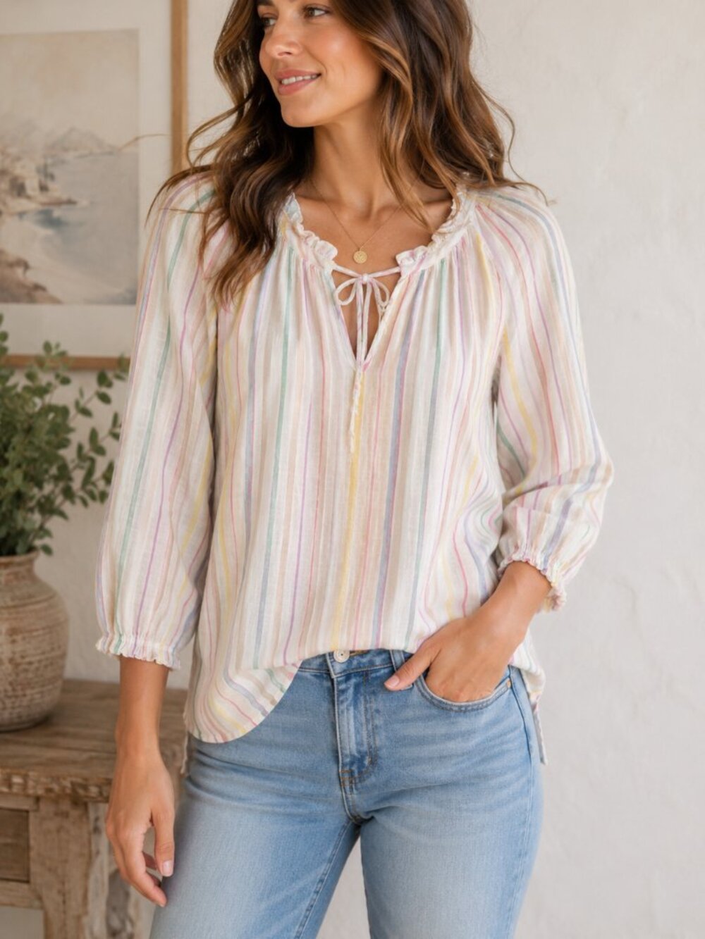 Lucky Brand Womens M Cotton Peasant Blouse Rainbow Stripe Boho Tie Neck